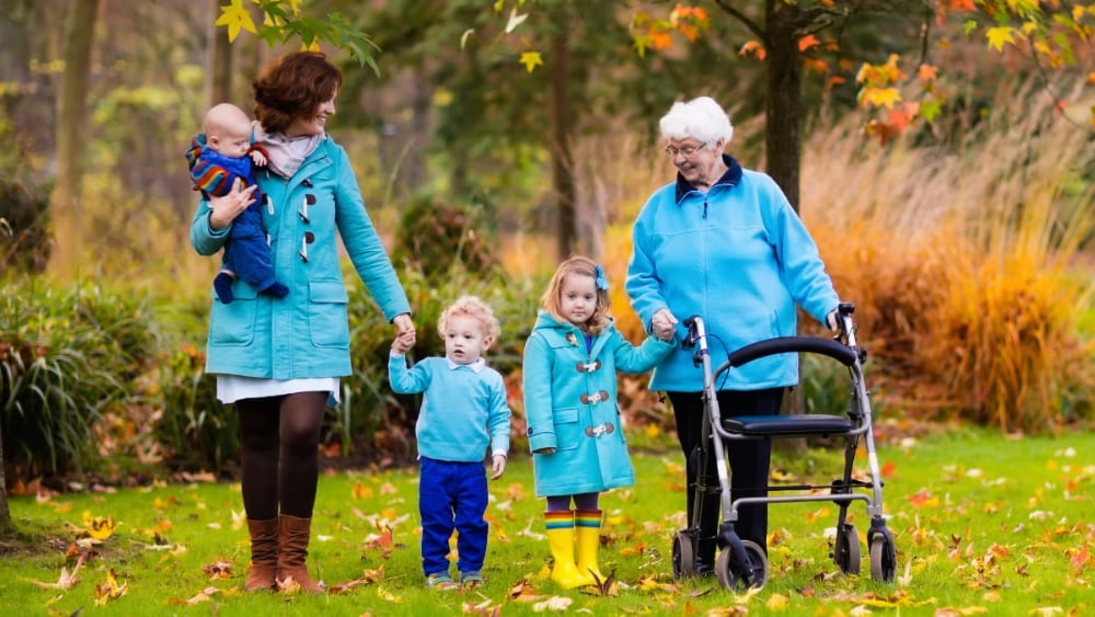 grandma with kids and walker