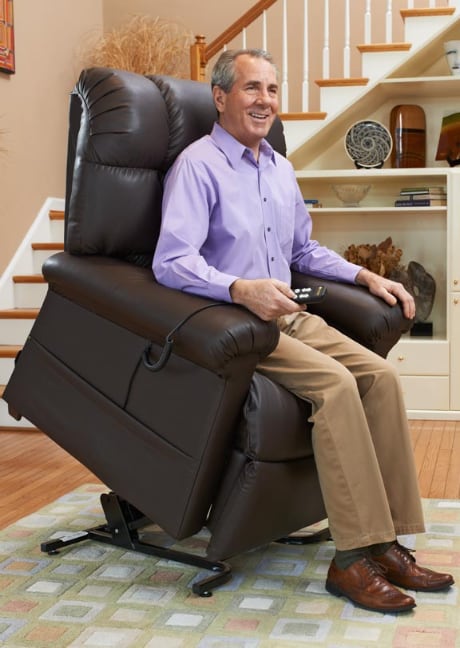man happy rising with lift chair