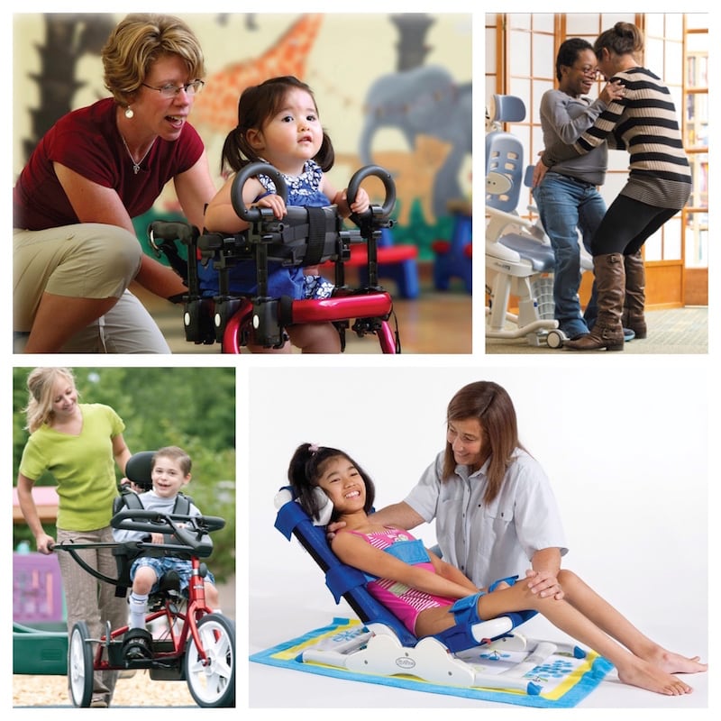 collage of children using rehab equipment