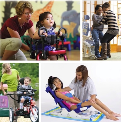 collage of children using rehab equipment