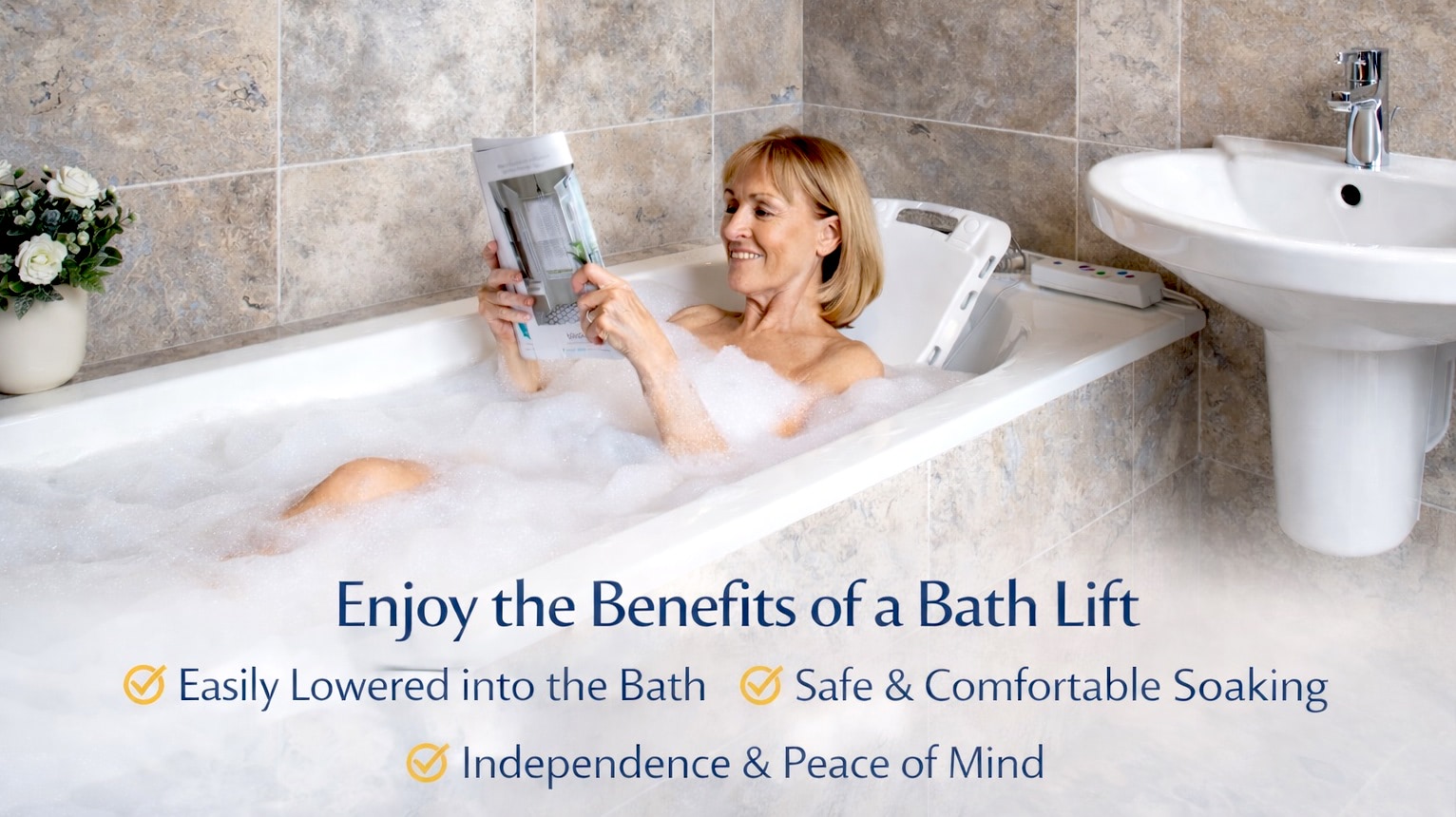 A woman enjoying the benefits of a bath with lift