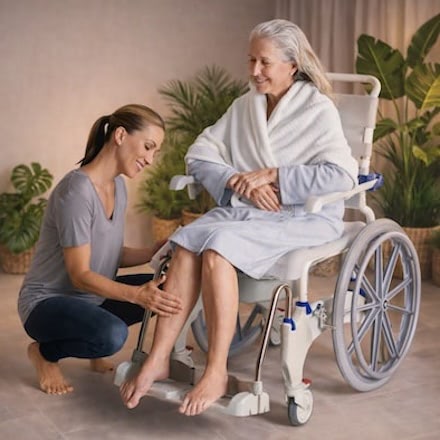woman in commode receiving care