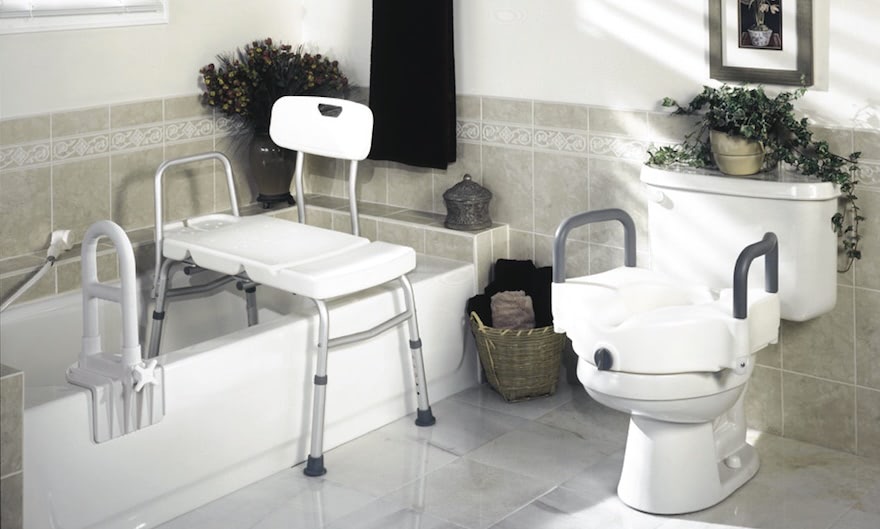 A bathroom with safety items
