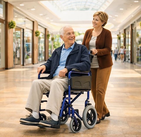 man being pushed in transport wheelchair