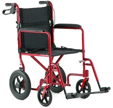 A red transport wheelchair