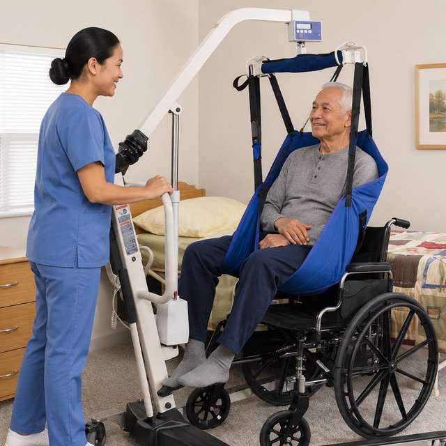 floor lift being used by caregiver and client