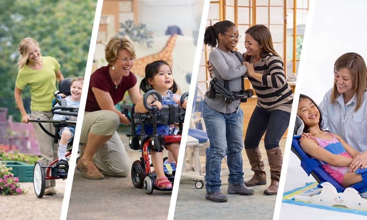 collage of young people using rehab products for pediatrics
