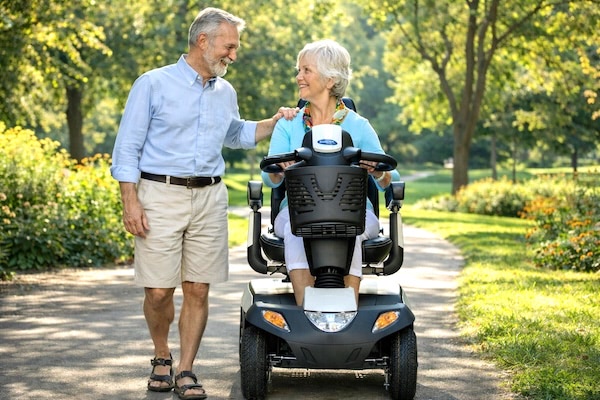 couple together in park, woman is on Mobility Scooter